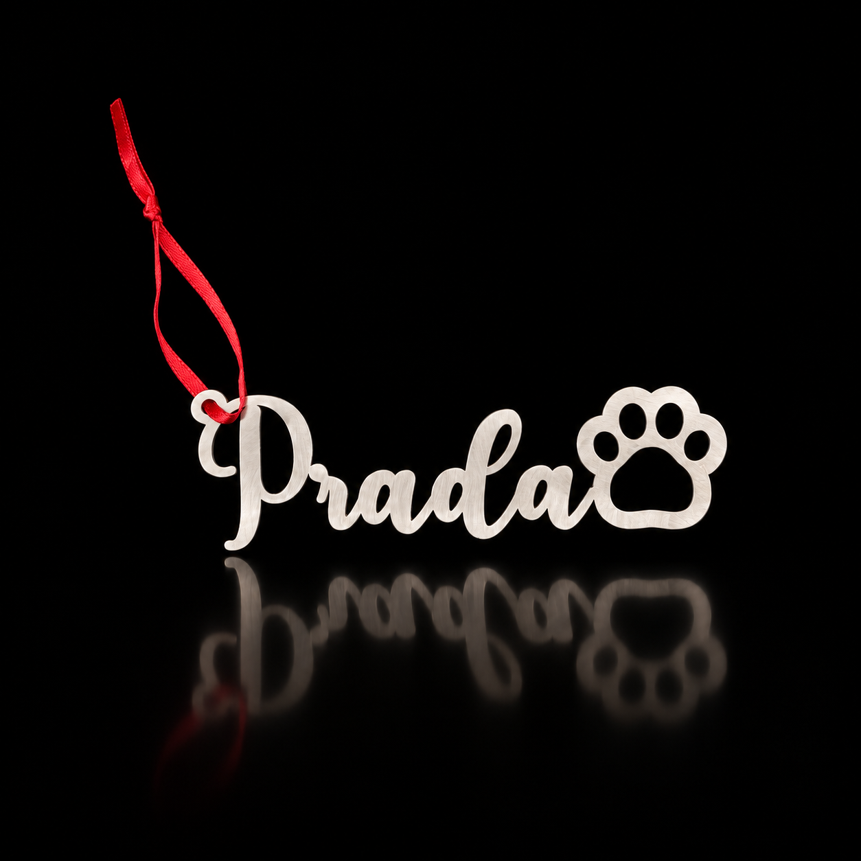 Personalized Script Pet Name Ornament in brushed stainless steel