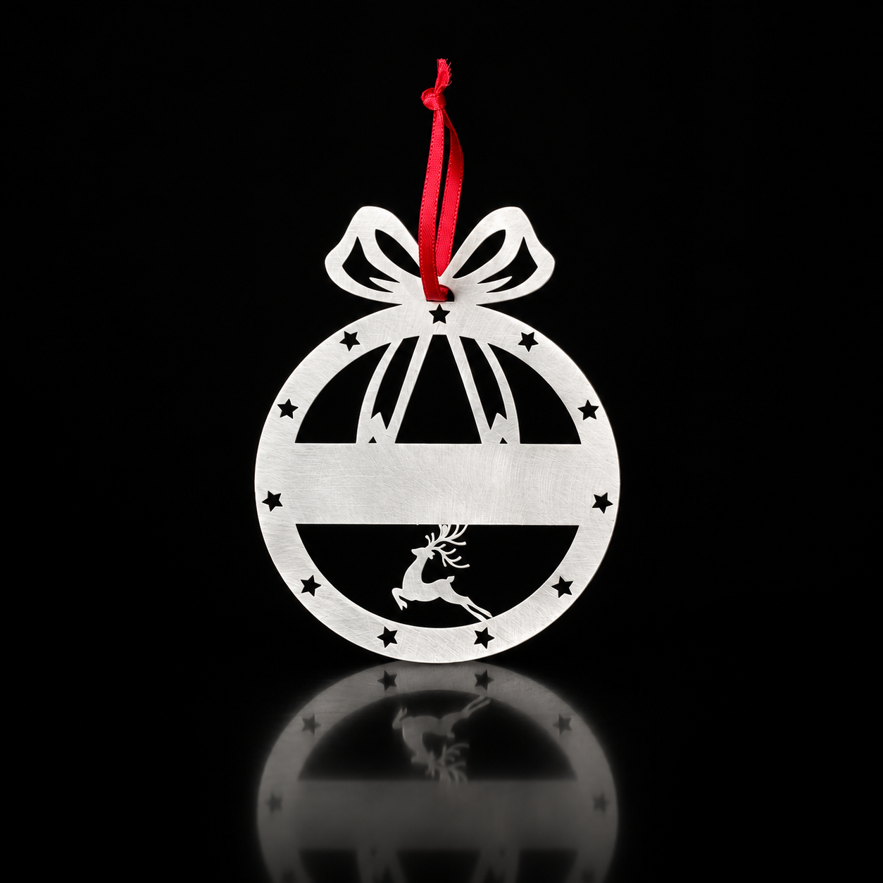 Personalized Reindeer Scene Ornament in brushed stainless steel