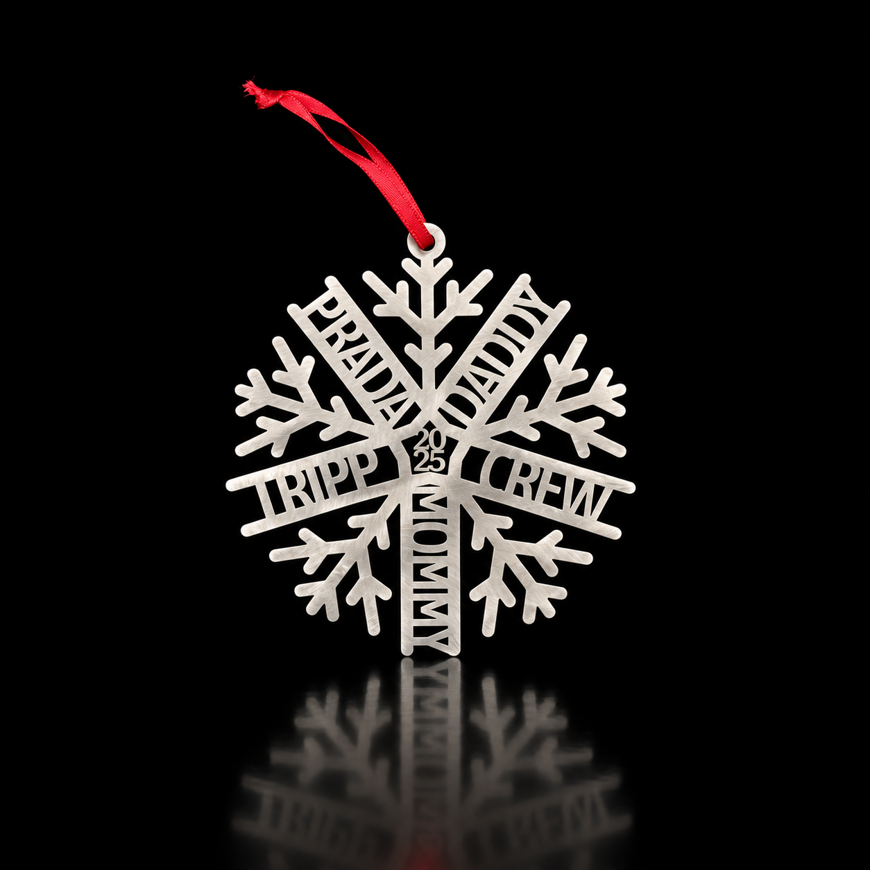 Personalized Family Names Snowflake Ornament in brushed stainless steel