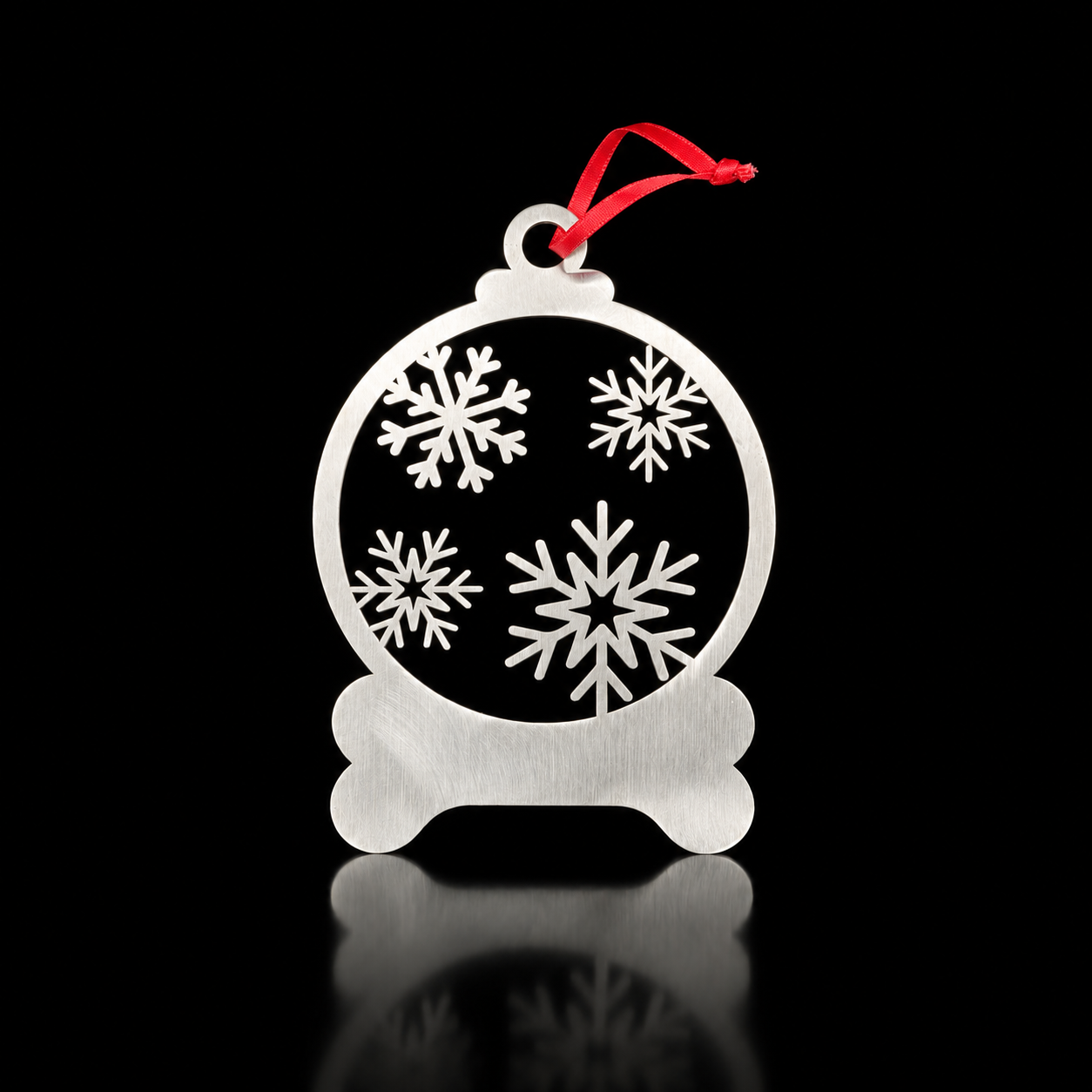 Personalized Falling Snow Globe Ornament in brushed stainless steel