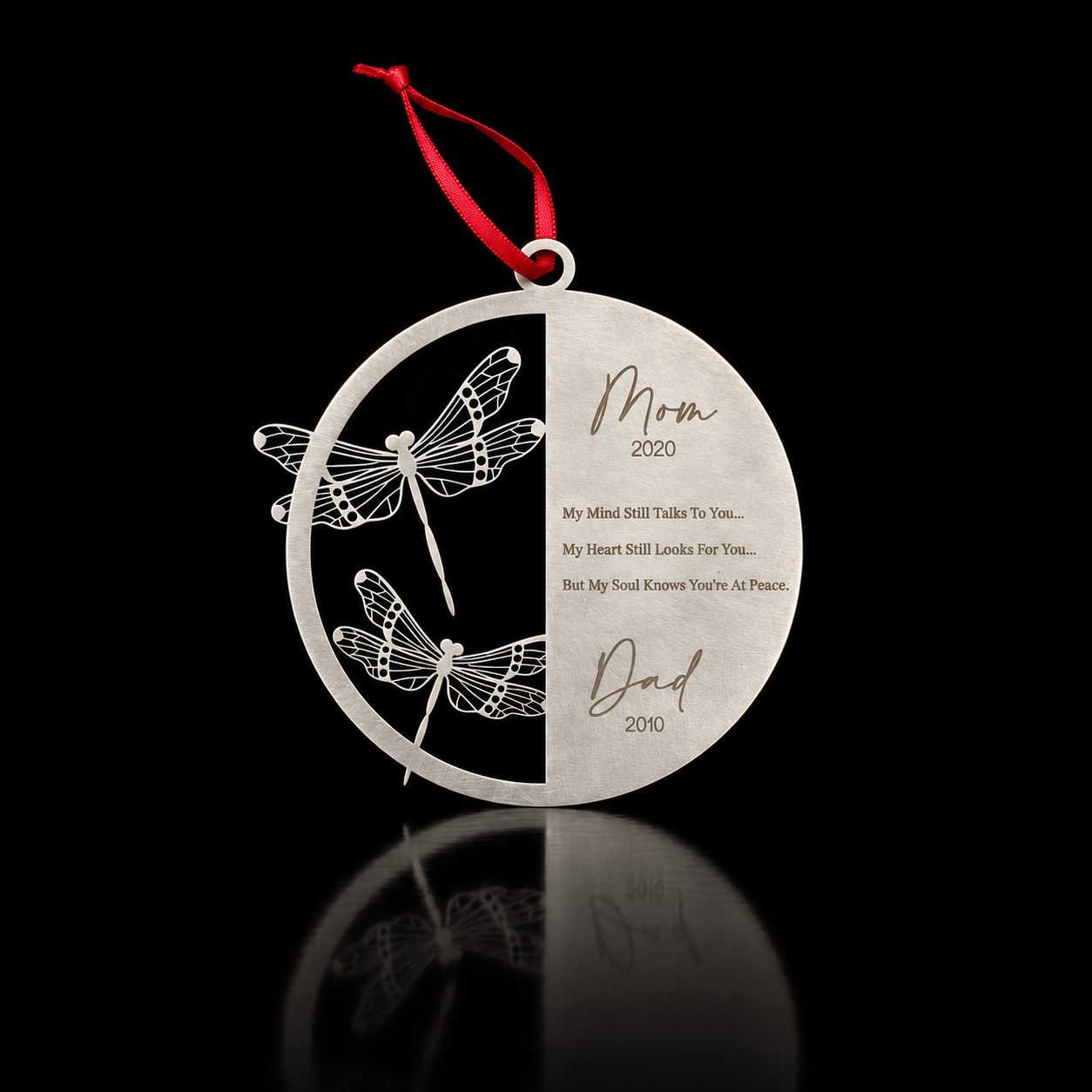 Personalized Memorial Dragonfly Ornament in brushed stainless steel